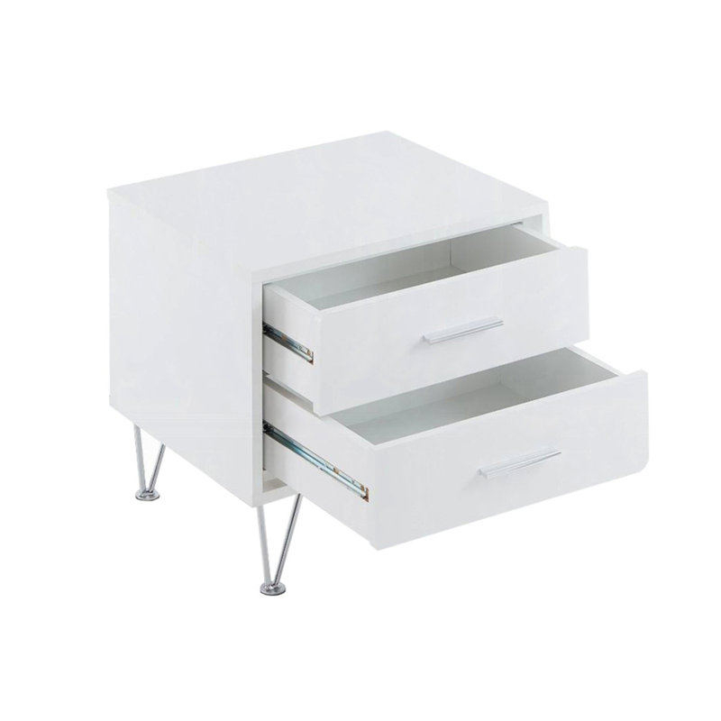 Table de chevet rectangulaire à 2 tiroirs de couleur blanche avec pieds en métal