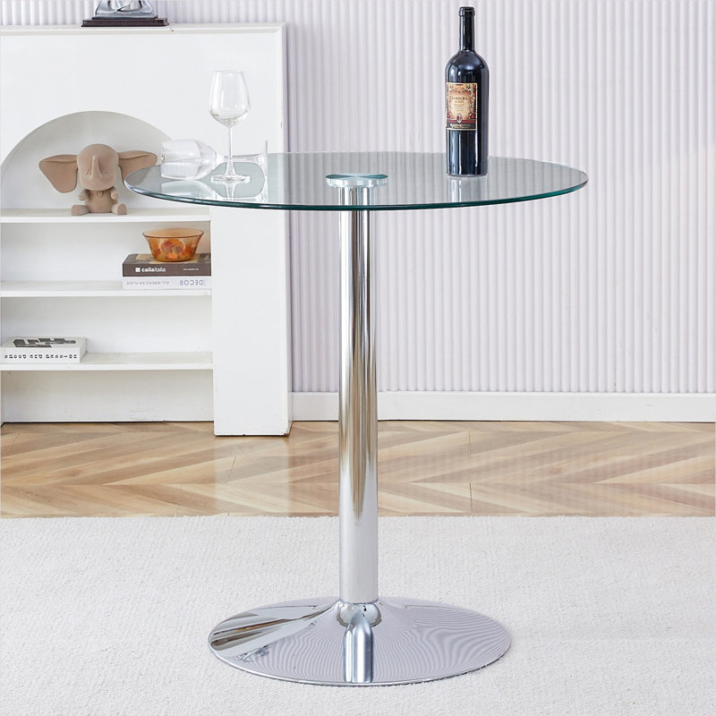 Table de salle à manger ronde en verre avec pieds en acier inoxydable argenté, pour 4 à 6 personnes, style minimaliste moderne
