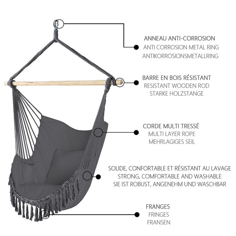 Hanging Chair With Cushion, Hammock Swing Chair, Gray