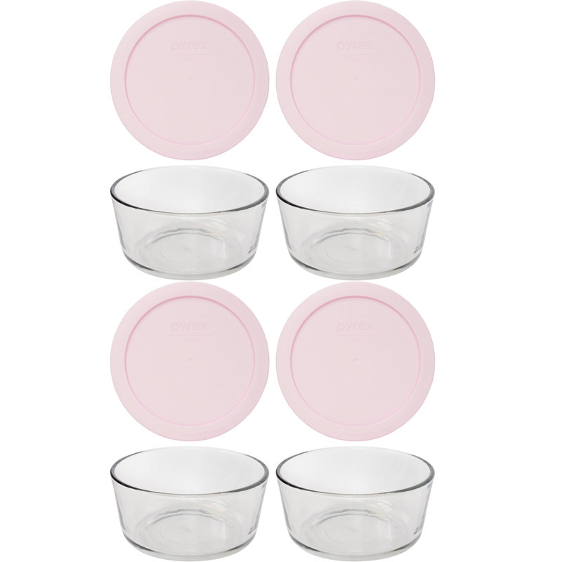 Pyrex (4) bols en verre de 4 tasses et (4) couvercles de 4 tasses, Lores roses