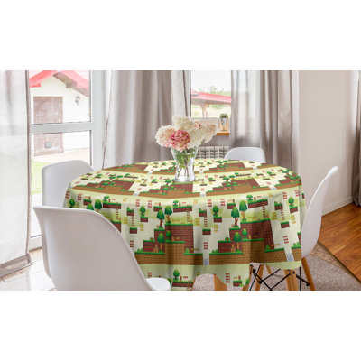 Arcade Round Tablecloth, Ground Tiles Trees Computer Game Platform Lucky Points Video Games, Circle Table Cloth Cover For Dining Room Kitchen Decoration, 60", Pale Green Brown