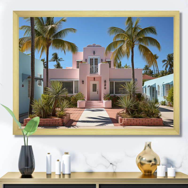 Miami Pink House IV, reproduction d'art sur toile, H 30 po x l 40 po x P 1,5 po, Cadre doré à une seule photo