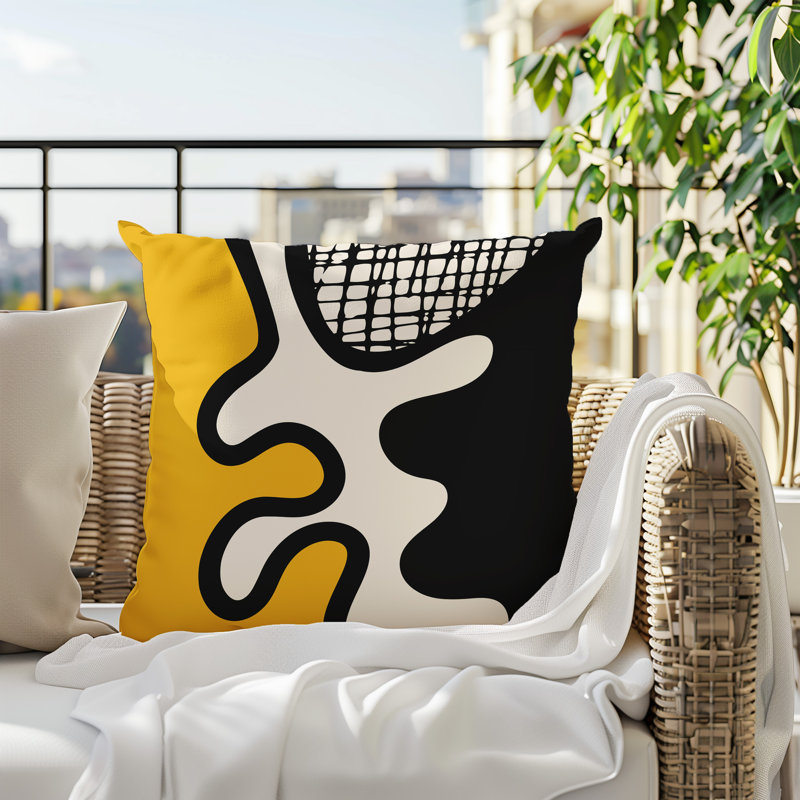 Oreiller carré réversible intérieur / extérieur Vido, H 19 po x l 19 po, Jaune / noir / blanc cassé abstrait