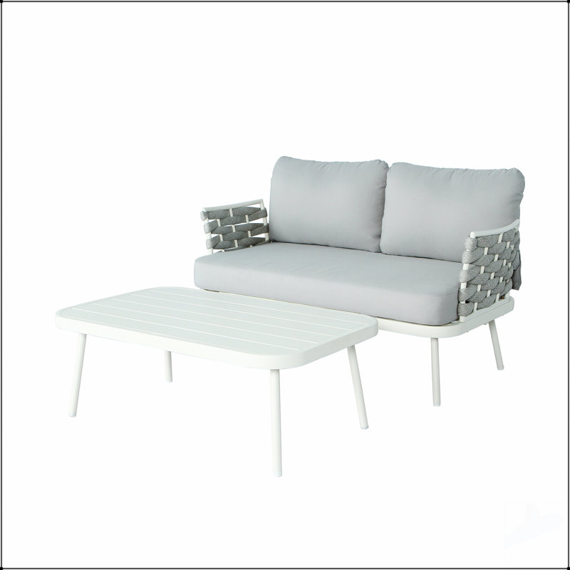 Ensemble de causeuse et de table en acier Mariano, corde résistante aux intempéries, structure robuste, coussins confortables, parfaits pour l'extérieur