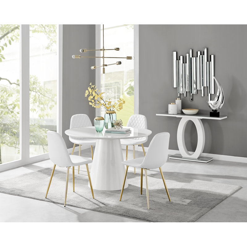 Edzard Statement Pedestal Round Dining Table Set & 4 Luxury Faux Leather Dining Chairs, White, White/Gold