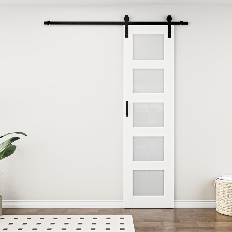 Porte coulissante de style grange, 5 carreaux, 96 po de hauteur, panneaux de verre et de bois, apprêt blanc, avec trousse de quincaillerie d'installation (aucun assemblage requis), fermeture amortie