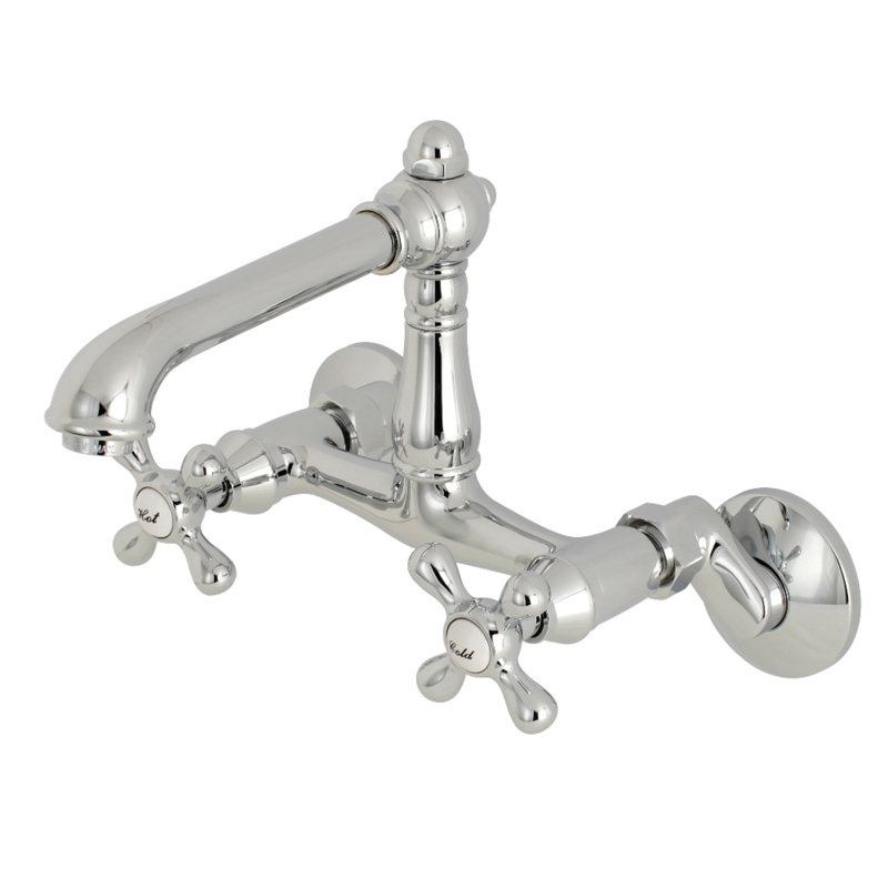Kingston Brass English Country Double-Handle 2-Hole Wall-Mount Bridge Kitchen Faucet, Polished Chrome