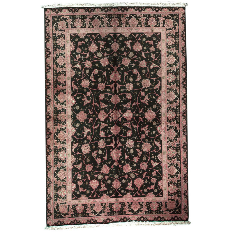 Tapis unique en laine noué à la main de 5 pi 9 po x 8 pi 9 po rose / noir / beige