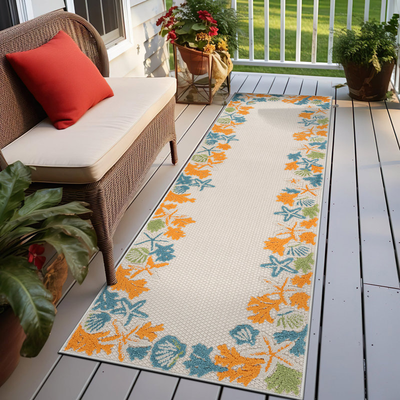 Coastal Border Ivory/Multi Indoor/Outdoor High-Low Area Rug, Runner 2' x 7', Multi