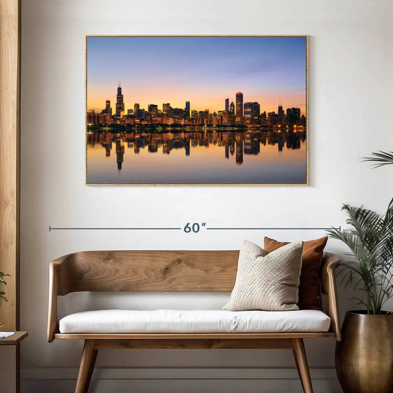 Chicago, reflet de l'horizon, 46 po x 31 po, Cadre flottant en bois naturel