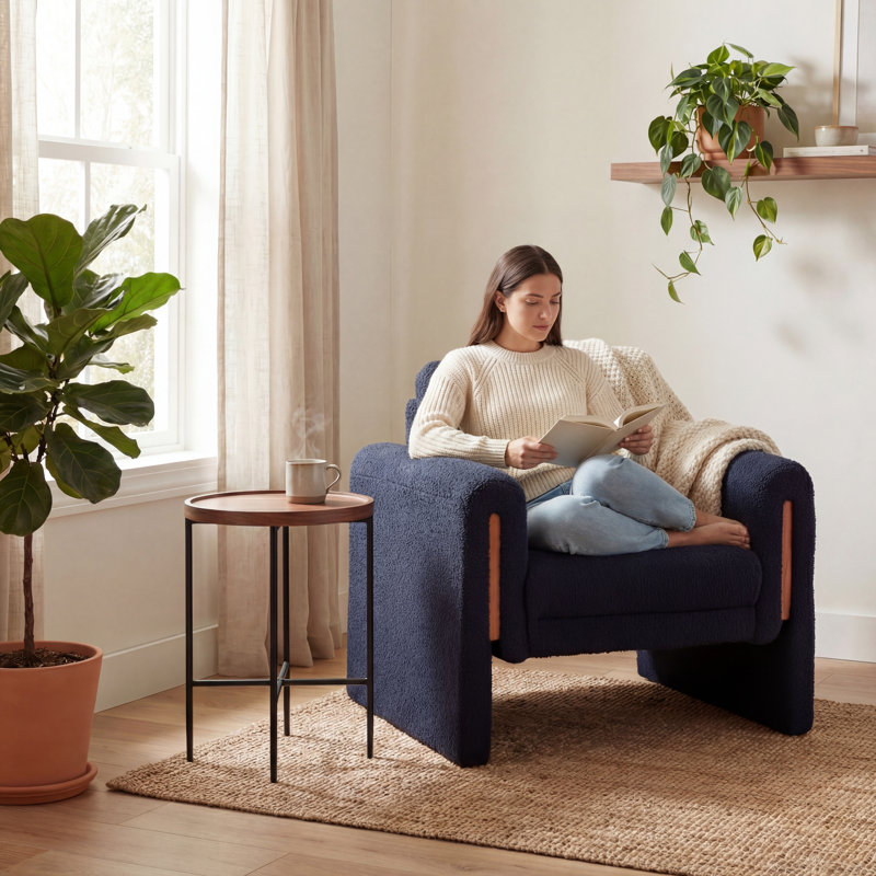 35" Wide Modern Bouclé Upholstered Armchair With Track Arms And Enclosed Base, Blue