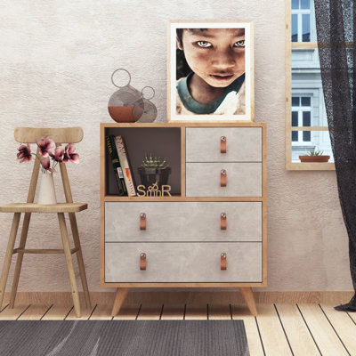 Scandinavian Dresser with 4 Drawers & Shelves, Oak & White, 27.6 x 34.8 x 15.7 inches | 100% Melamine Coated Particle Board, PU Leather Handles, Wooden Legs | Wall-Mountable, Stylish & Functional Storage Solution