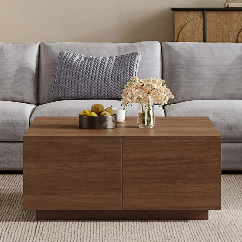Table basse 33,25 po carrée avec 4 tiroirs, noyer