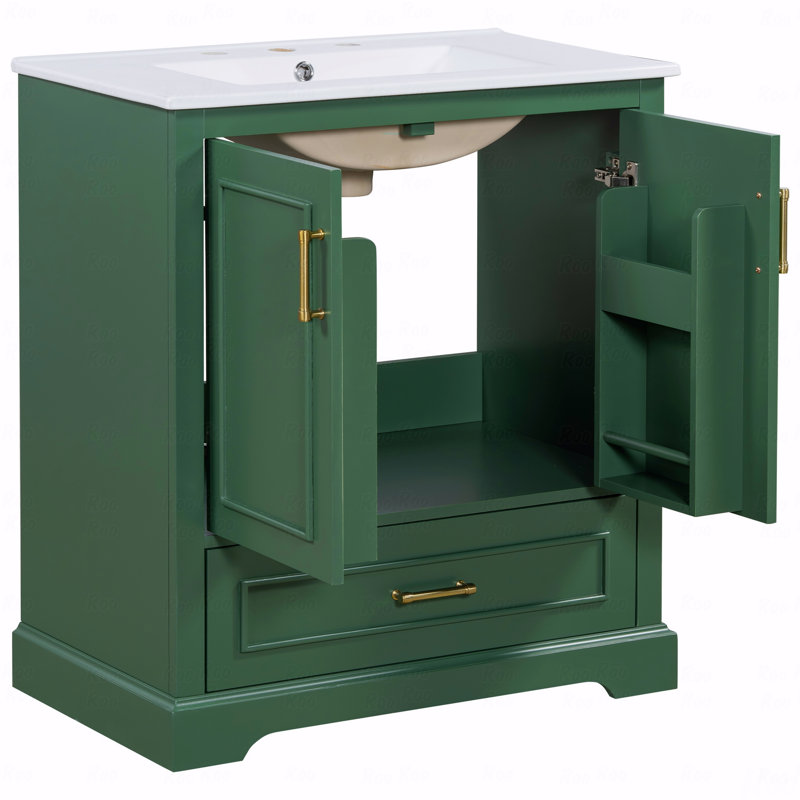 Meuble-lavabo de 30 po avec lavabo, panneau de fibres à densité moyenne et cadre en bois massif, 1 tiroir de séparation et 2 portes à fermeture en douceur