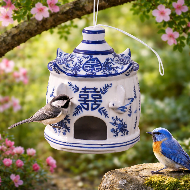 Sagebrook Home 8X7" Chinoiserie Large Pagoda Bird House, White/Blue