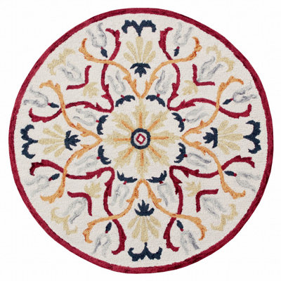 Tapis rond en laine touffeté à la main ivoire / rouge / jaune Kadisha