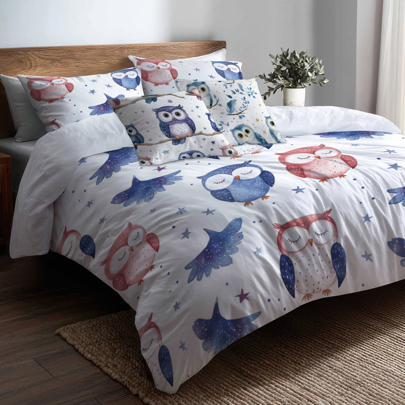 Ensemble de housse de couette et de coussin pour enfants avec 3 hiboux pastel Nocturnal, Très grand lit