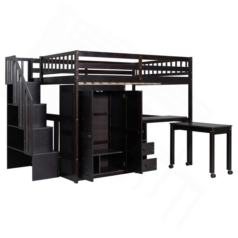 Lit mezzanine double avec escalier, bibliothèque, tiroirs, garde-robe de bureau - Mobilier multifonctionnel pour enfants