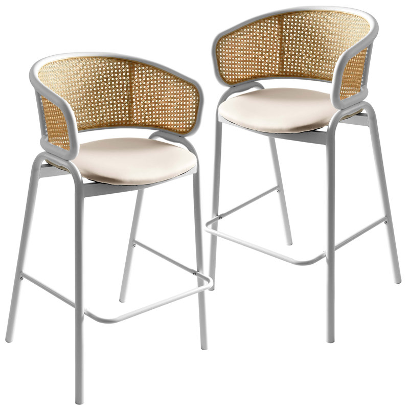 Tabouret de bar en cuir Daishun avec base en acier inoxydable thermolaqué blanc et dossier en osier incurvé, Blanc, 2