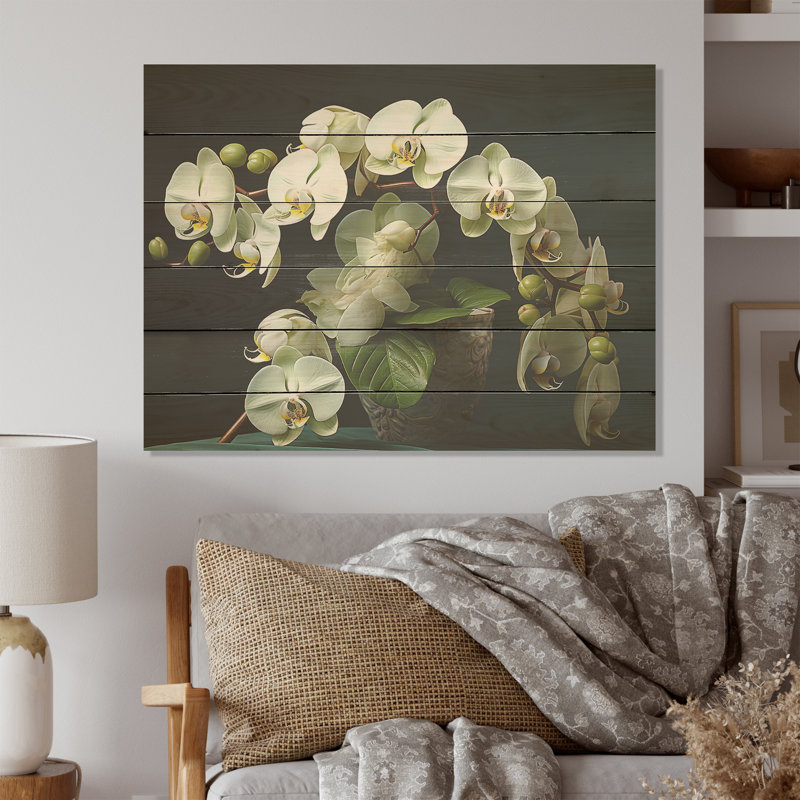 «Green Orchids Realistic Elegance I», art sur bois de pin naturel, H 24 po x l 32 po