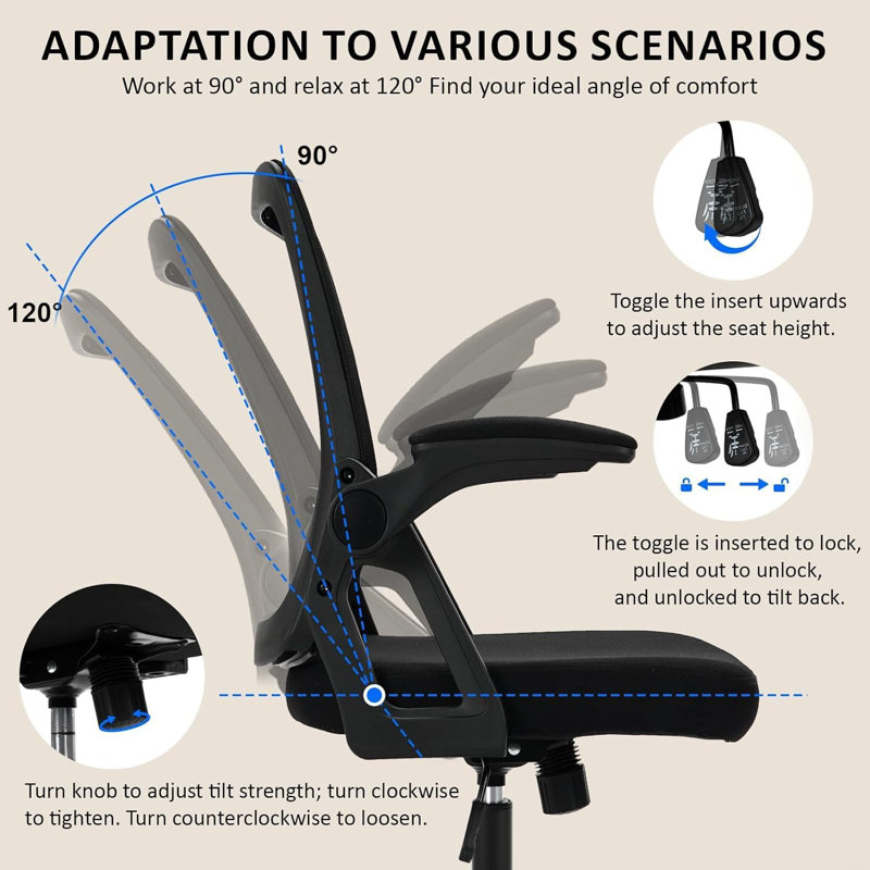 Office Chair Ergonomic Desk Chair with 90°Flip-up Armrest Lumbar Support, Height Adjustable Office Desk Chair, Executive Swivel Computer Chair with Padded Seat Cushion for Office