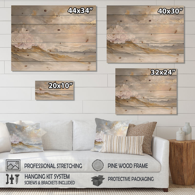 Pure Golden Beach Landscape I - Art mural en bois plage - sur bois de pin naturel, H 34 po x l 44 po x P 0,78 po
