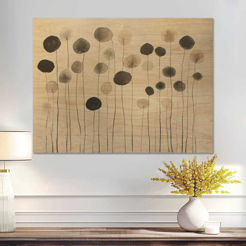Têtes de graines à l'encre II - Décoration murale botanique abstraite beige, imprimée sur bois, H 30 po x l 40 po