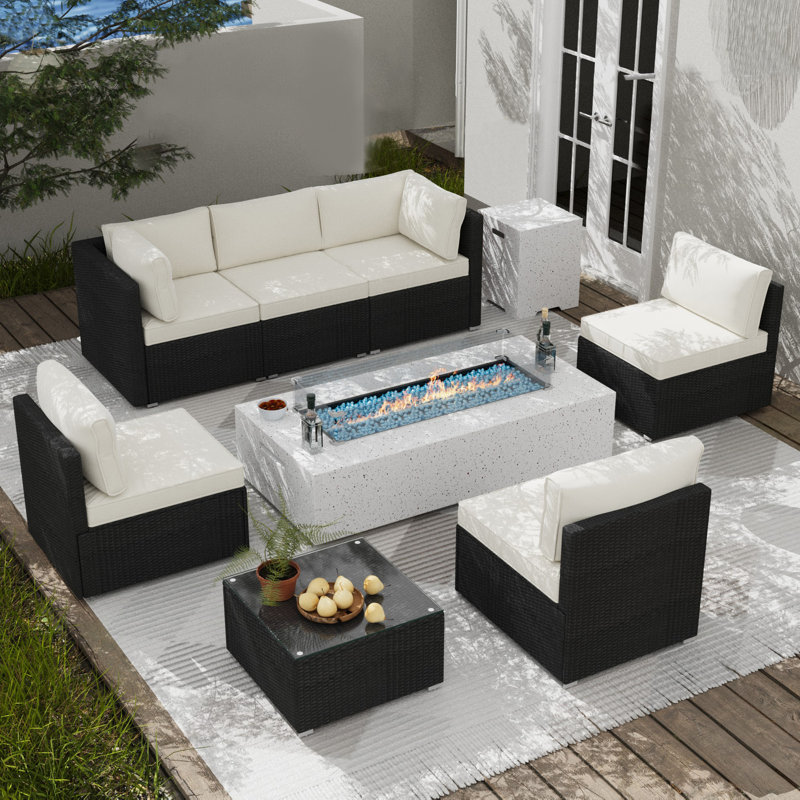 Ensemble de conversation modulaire 9 pièces avec coussins et table foyer, Blanc/Noir