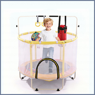 Mini trampoline d'intérieur et d'extérieur de 54 pouces avec filet de sécurité, coffre-fort antidérapant, jouet de saut rond, sac de boxe, anneau et panier de basketball, barre de gymnastique réglable, cadeau pour les garçons et les filles