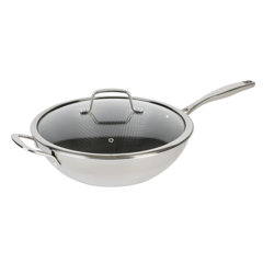 Oster Sangerfield 14 in. Stainless Steel Flat Bottom Wok in Silver with Wooden Handles