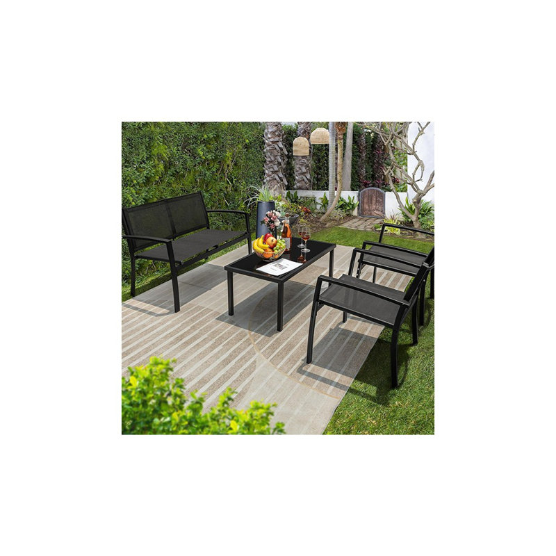 Ensemble de conversation pour terrasse moderne d'extérieur - bistro noir PVC-coated polyester avec causeuse et table à thé