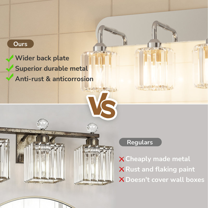 Dimmable Bathroom Vanity Light with Crystal Shade, Polished Chrome, 3 Lights