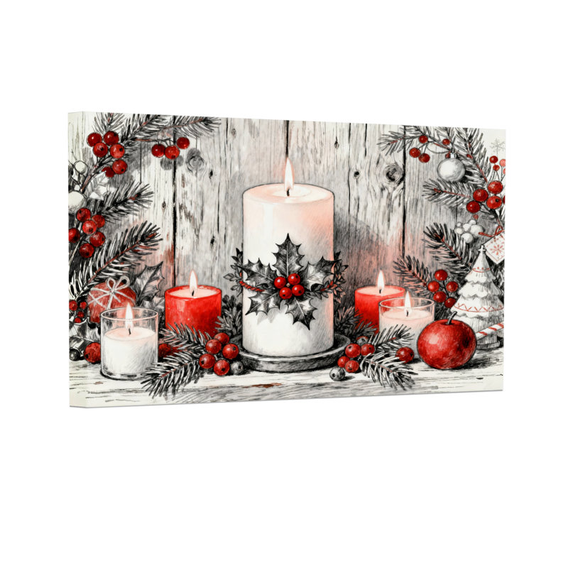 Bougies de Noël de Noël, ensemble de 3 impressions sur toile, branches de pin et baies de houx, H 12 po x l 18 po