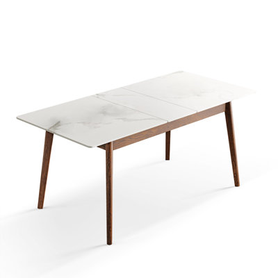 Solid Wood Dining Table, 1.2 - 1.5m Extendable, White Slate, Rounded Corners & Elegant Walnut Color, Modern Style