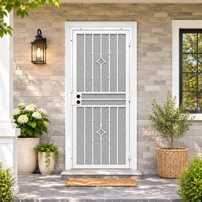 32 in. x 80 in. Universal/Reversible Powder Coated White Surface Mount Outswing Steel Security Door with Expanded Metal Screen