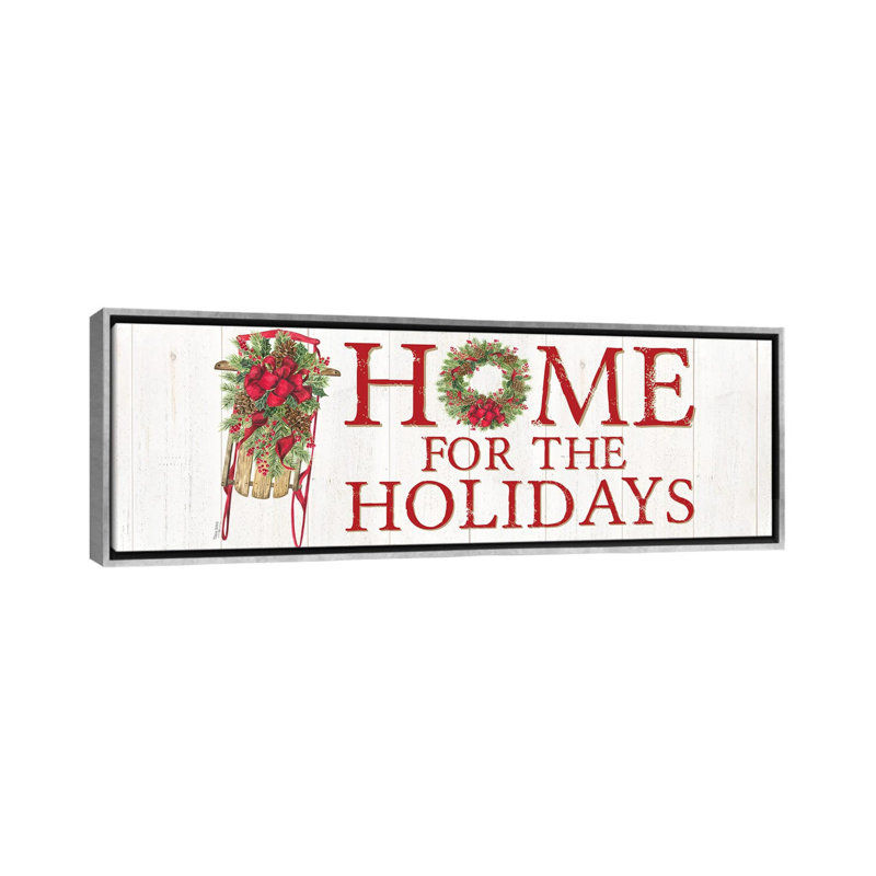 «Home for the Holiday» par Tara Reed - impression d'art textuel, H 12 po x l 36 po x 1,5 po, Toile avec cadre argenté