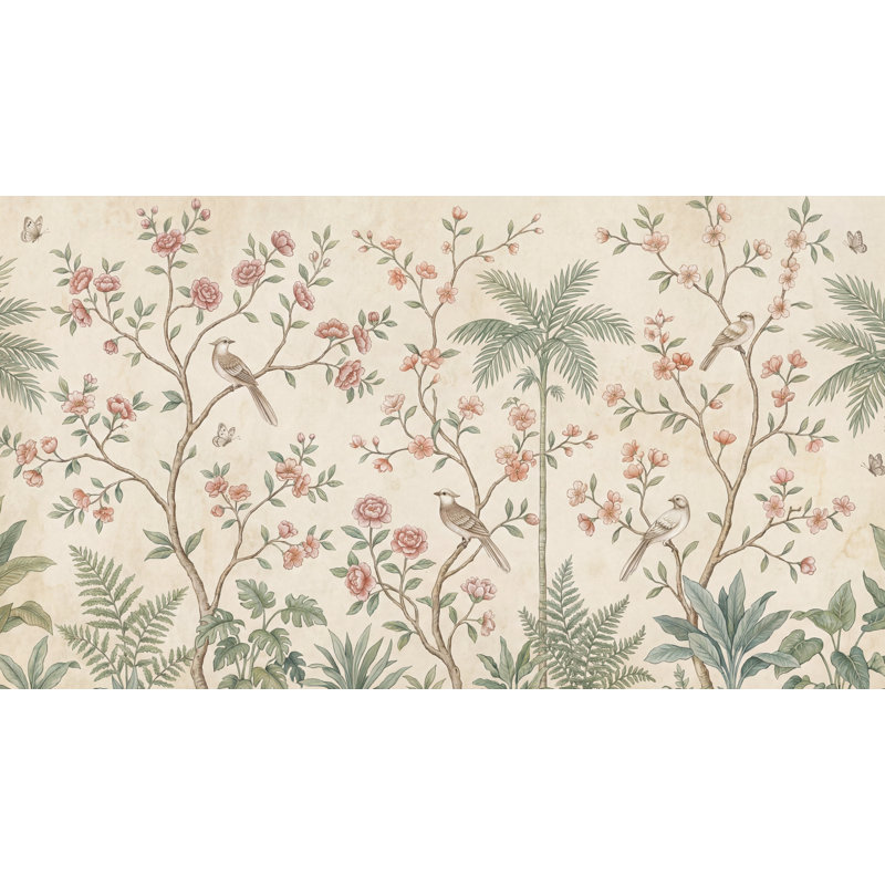 Papier peint chinois oiseaux chinoiserie, 100 po x 96 po, Peler et coller