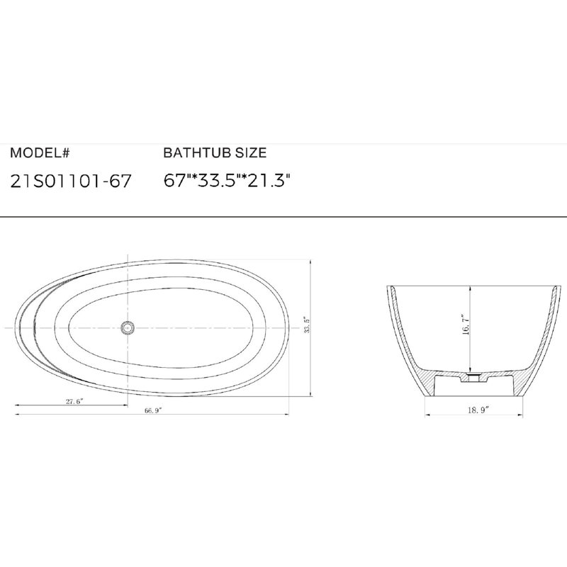 67'' x 33.5'' Soaking Solid Surface Bathtub