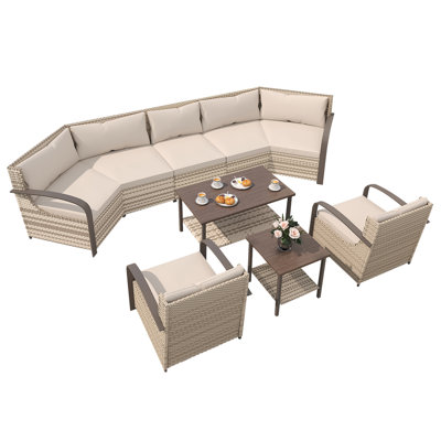 Ensemble de meubles de patio 5 pièces, canapé en osier 5 places avec 2 fauteuils, une table basse double et une table de bout double couche.