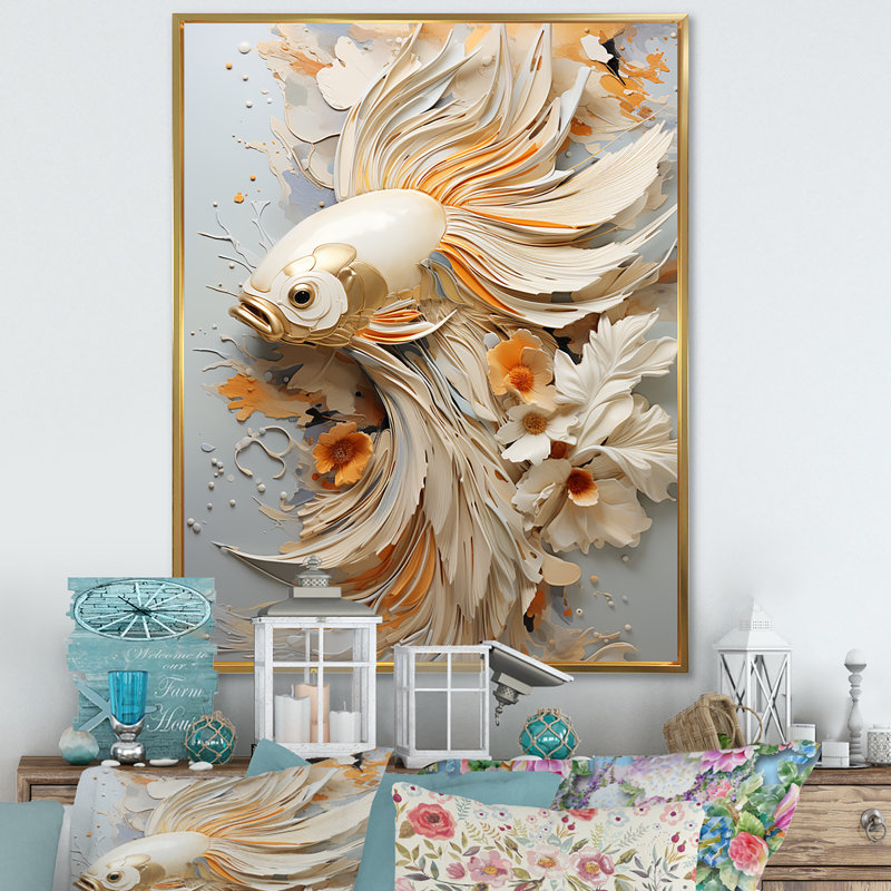 Minimalisme, animal marin sur toile, Cadre flottant doré, H 32 po x l 24 po x P 1 po