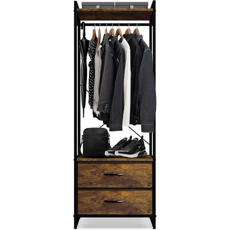 Portable Black Steel and Wood Garment Rack with Drawers