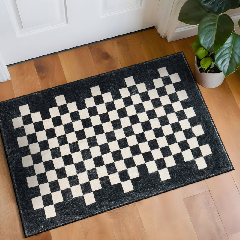 Tapis contemporain à bordure à carreaux lavable et antidérapant, Rectangle 2 pi x 3 pi