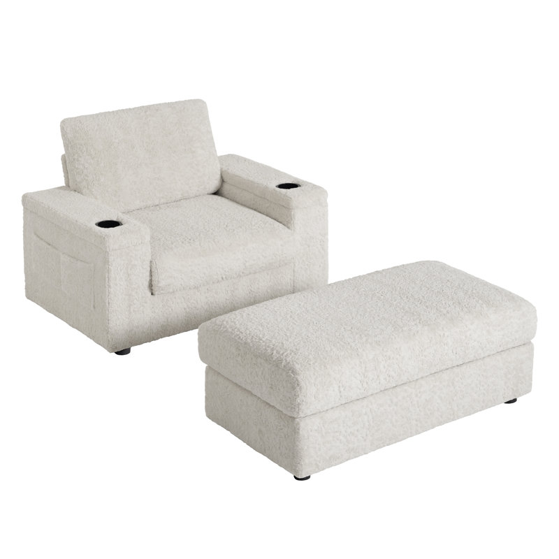 42'' Faux Rabbit Fur Chaise Lounge, Convertible Sofa Bed with Storage Ottoman, Armrest Storage & Cup Holders - Indoor Upholstered Sleeper Chair for Living Room/Bedroom, Plush Deep Seat Reading Couch, Beige