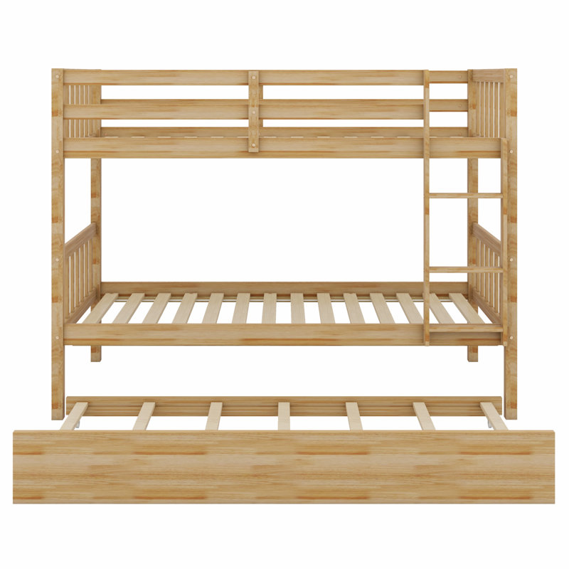 Detachable Wood Bunk Bed With Trundle, Converts To Two Beds, Space-Saving Design, White Oak