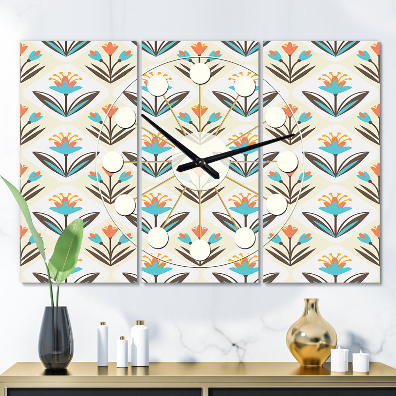 Horloge murale décorative à motif floral Mid-Century