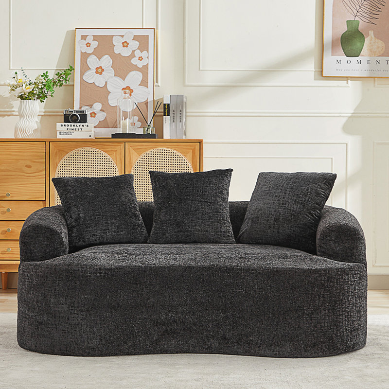 Causeuse courbée, petit canapé avec 3 coussins, 63.25" W, Chenille noir