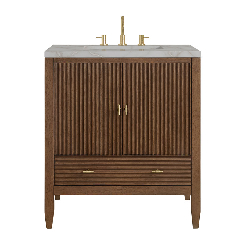 Myrrin 30" W Single Vanity, Victorian Silver Silestone, Mid-Century Walnut, 8" Widespread