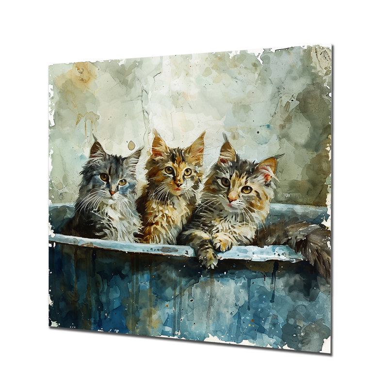 Trois chats mignons dans une baignoire - décoration murale pour salle de bain chat, Métal métal, H 36 po x l 36 po x P 1,5 po