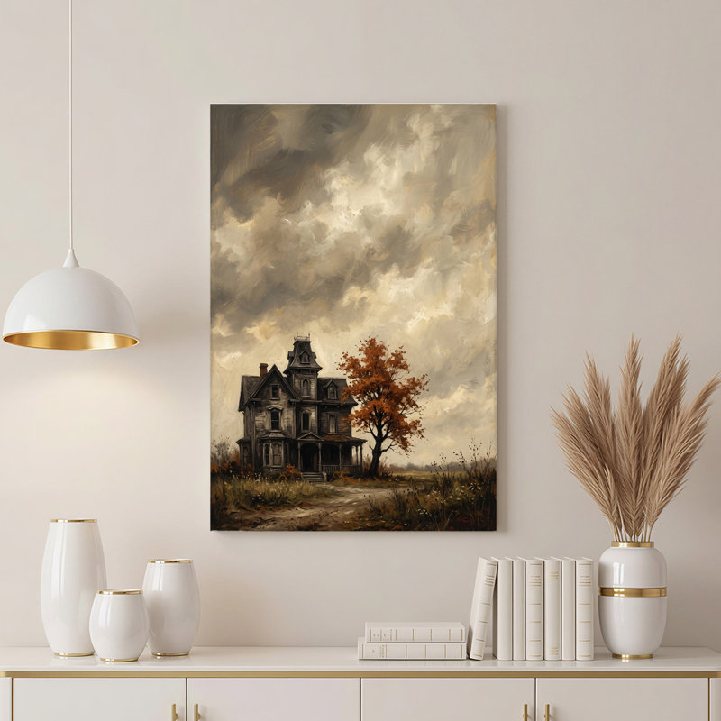 Toile murale grise de style victorien à côté d'un arbre orange sous un ciel nuageux, 18"H x 12"W