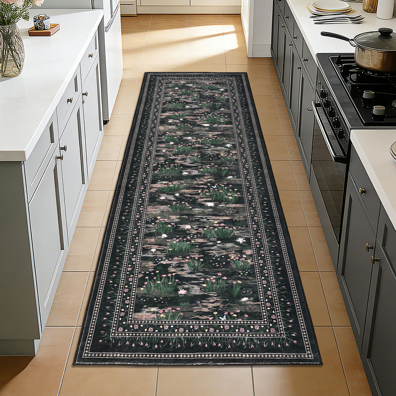 Washable Rug for Living Room, Soft Non Slip Floral Bedroom Rugs, Water Lily Pond Cute Nursery Rug, Large Low Pile Stain Resistant Farmhouse Rugs